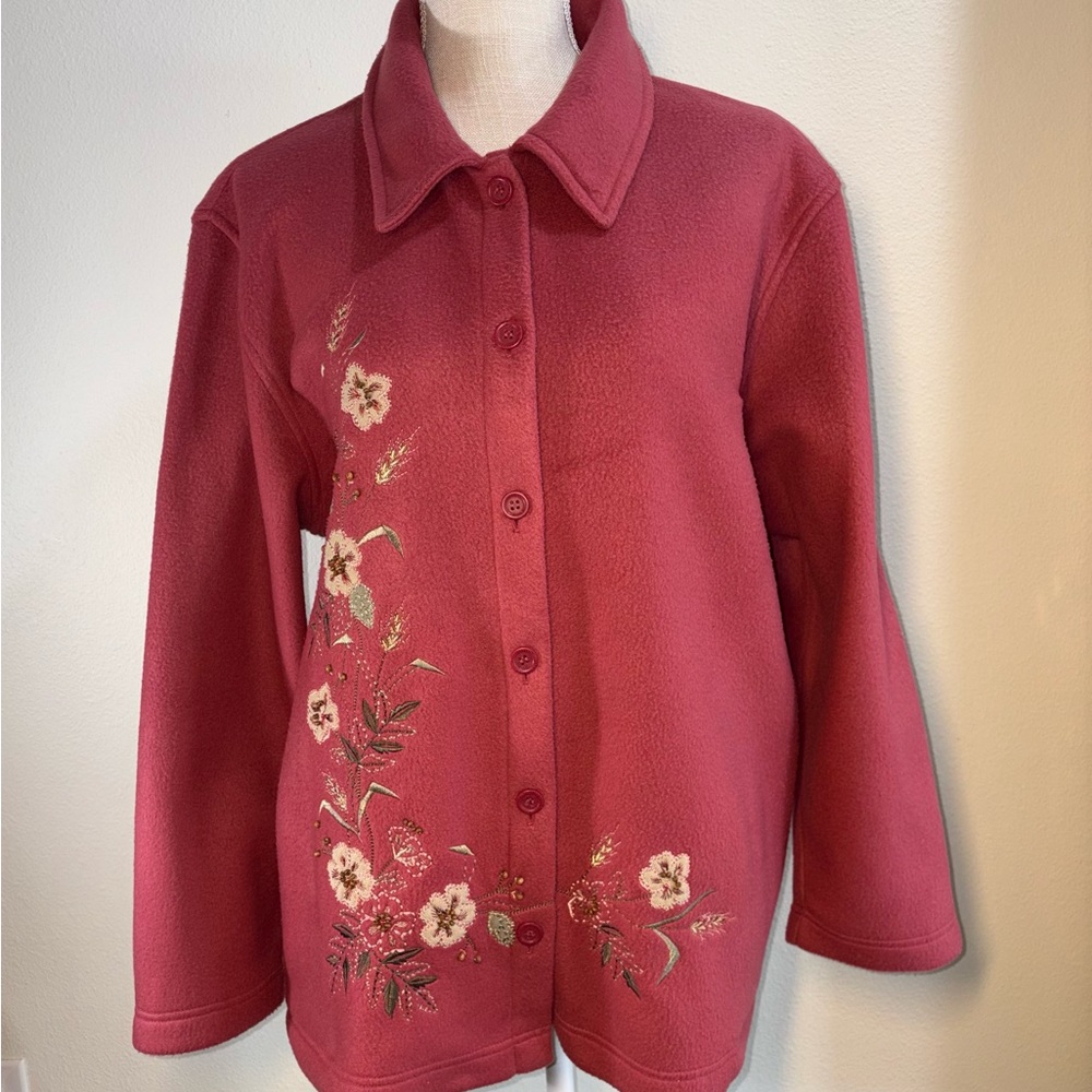 Vintage Alfred Dunner Dusty Rose Fleece Button Up Jacket Floral Embroidery Sz L